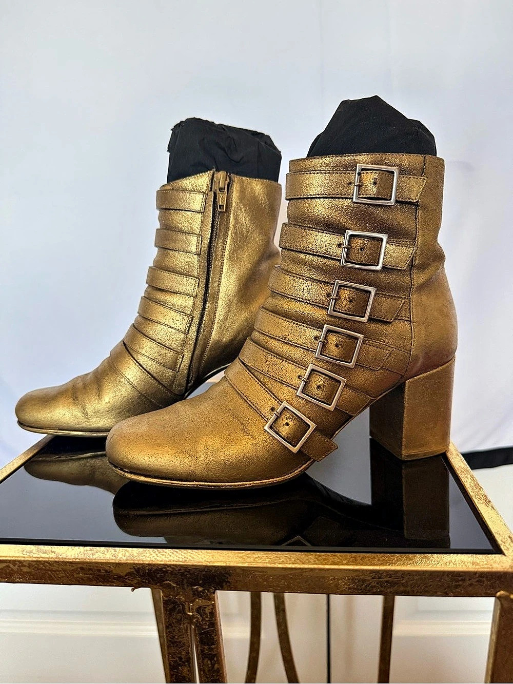 Saint Laurent Gold Buckle Ankle Boots US 5.5